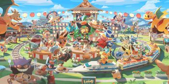 :d artist_request blonde_hair blue_eyes blue_sky blush blush_stickers building bulbasaur celebi celebi_(little_star) character-themed_food charmander cleffa clodsire closed_eyes closed_mouth clothed_pokemon cloud diancie diancie_(shooting_star) dragonite eyelashes fangs flareon floating flower flying fork garchomp garchomp_(sushi_chef) gem gen_1_pokemon gen_2_pokemon gen_3_pokemon gen_4_pokemon gen_5_pokemon gen_6_pokemon gengar glaceon glaceon_(summer_sailor) glasses greninja greninja_(festival_finery) hat highres holding holding_fork holding_mask holding_spoon jirachi jirachi_(wishing_star) jolteon lantern leafeon leah_(pokemon) lechonk lechonk_(summer_fun) legendary_pokemon long_hair lucario marshtomp marshtomp_(sushi_chef) mask meowth mew_(little_star) mew_(pokemon) mountainous_horizon mythical_pokemon nintendo official_art ogerpon ogerpon_(teal_mask) open_mouth orange_hat outdoors paper_lantern pikachu pink_gem piplup pokemon pokemon_(creature) pokemon_cafe_remix ponytail railroad_tracks red-framed_eyewear red_eyes red_flower red_hat shirt sky smile spoon squirtle star-shaped_pupils star_(symbol) starter_pokemon_trio sylveon symbol-shaped_pupils third-party_source timburr train vaporeon victini white_flower white_shirt yellow_eyes