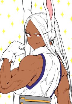 1girl animal_ears artist_collaboration bare_shoulders biceps boku_no_hero_academia breasts colorized commentary dark-skinned_female dark_skin english_commentary flexing from_behind fur_collar gloves highres large_breasts leotard long_eyelashes long_hair looking_at_viewer median_furrow mirko mirkosimps muscular muscular_female parallaxfused parted_bangs rabbit_ears rabbit_girl raised_eyebrow red_eyes sleeveless_turtleneck_leotard solo sparkle_background taut_leotard very_long_hair white_background white_gloves white_hair white_leotard