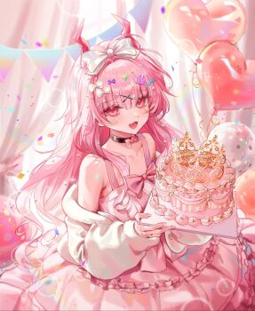 1girl armpit_crease balloon bare_shoulders black_choker blunt_bangs bow cake choker coat collarbone dress fang food frilled_dress frills hair_bow hair_ornament highres horns long_hair looking_at_viewer open_mouth original pink_bow pink_dress pink_eyes pink_hair sparkle_hair_ornament very_long_hair wavy_hair white_bow white_coat x_hair_ornament yp1091