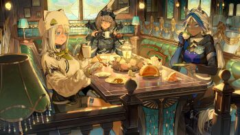 3girls :t animal_ear_headwear animal_ears arclight_(arknights) arknights arknights:_endfield avywenna_(arknights) bandaged_hand bandaid bandaid_on_cheek bandaid_on_face belt black_gloves black_shoes blue_eyes blue_gloves blue_hair colored_eyelashes commentary_request crossed_bangs cup dark-skinned_female dark_skin desk_lamp eating elbow_gloves endfield_industries_logo estella_(arknights) fake_animal_ears fingerless_gloves food fork gloves grin hat highres holding holding_cup holding_food holding_saucer hood hood_down horse_ears horse_girl horse_tail indoors lamp lantern light_bulb looking_at_viewer magenaiman3 multicolored_hair multiple_girls official_art picture_frame plate rabbit_ears rabbit_girl saucer shoes shrug_(clothing) single_glove sitting smile table tail teacup teapot thigh_belt thigh_strap two-tone_hair white_eyelashes white_gloves white_hair white_hat white_shrug window