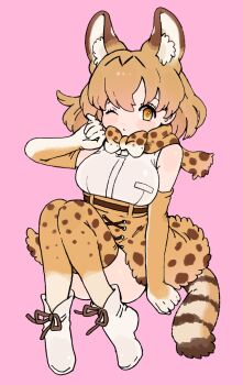 010mzam 1girl animal_ears animal_print bare_shoulders belt blonde_hair bow bowtie brown_belt cat_ears cat_girl cat_print cat_tail curled_up elbow_gloves extra_ears gloves hair_between_eyes high-waist_skirt highres kemono_friends looking_at_viewer one_eye_closed orange_eyes pink_background print_bow print_bowtie print_skirt print_thighhighs serval_(kemono_friends) shirt short_hair sidelocks skirt sleeveless solo tail thighhighs white_bow white_shirt yellow_bow yellow_bowtie yellow_gloves yellow_skirt yellow_thighhighs zettai_ryouiki