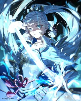 1girl armor artist_name ayaka_(genshin_impact) black_background blue_eyes blue_hair blunt_tresses breastplate fighting_stance genshin_impact hair_ornament hair_ribbon highres holding holding_sword holding_weapon japanese_armor japanese_clothes kamisato_clan_(emblem) kisaragi_byakko long_hair looking_at_viewer neck_tassel parted_lips ponytail ribbon solo sword tassel tress_ribbon weapon