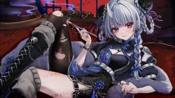 Rule 34 | 1girl, belt, black boots, black dress, black nails, blue dress, blue ribbon, boots, braid, braided hair rings, breasts, busou kanojo, chain, china dress, chinese clothes, cleavage, commentary request, dress, fang, gradient nails, grey hair, grey nails, grey socks, hair ribbon, hair rings, hand up, highres, holding, holding smoking pipe, horns, indoors, jewelry, leg up, long hair, looking at viewer, loose socks, multicolored dress, multiple braids, nail polish, nenemaru (busou kanojo), puffy sleeves, red eyes, rereet t, ribbon, ring, short sleeves, single horn, single thighhigh, sitting, skin fang, skull, small breasts, smile, smoking pipe, socks, solo, thighhighs, torn clothes, torn thighhighs, white belt