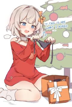 ... 1girl black_panties blue_eyes bow chestnut_mouth christmas_present christmas_tree commentary english_text gift grey_hair hair_bow highres holding holding_panties holding_underwear holding_unworn_clothes marimari_(vtuber) medium_hair no_pants off_shoulder one_side_up open_mouth orange_bow orobou panties panty_peek phase_connect red_shirt shirt side-tie_panties sitting sketch smile socks solo spoken_ellipsis sweat symbol-only_commentary thick_eyebrows thighs underwear virtual_youtuber white_panties white_socks yokozuwari