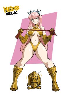 1girl alternate_breast_size_(larger) bikini boots breasts character_doll clinickcase commentary criss-cross_halter cu_chulainn_(fate) cu_chulainn_alter_(fate) doll elbow_gloves english_commentary english_text fate/grand_order fate_(series) fumo_(doll) glint gloves gold_bikini gold_boots gold_choker halterneck highres holding holding_whip knee_boots large_breasts long_hair medb_(fate) navel pink_eyes pink_hair sling_bikini_top smile solo sparkle swimsuit thighs tiara very_long_hair whip yellow_gloves