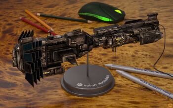 3d battlecruiser_(eve_online) cable combat_ship_(eve_online) commentary computer_mouse core_complexion_inc._(eve_online) cyclone_(eve_online) emblem english_commentary eve_online glowing highres military_vehicle miniature minmatar_republic_(eve_online) no_humans pen pencil photorealistic realistic spacecraft support_ship_(eve_online) urviech vehicle_focus