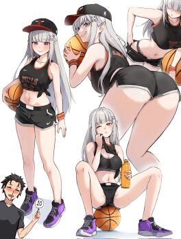 1boy 1girl =_= alternate_costume arm_at_side aroused_nosebleed ass ball baseball_cap basketball_(object) basketball_jersey basketball_uniform black_hair black_hat black_panties black_shirt black_shorts black_sports_bra blood blush bottle braid breasts chicago_bulls closed_mouth clothes_writing commentary commission corrupted_twitter_file crown_braid elf emilia_(re:zero) english_commentary full_body grey_hair grin hair_ornament hair_slicked_back hat high_tops highres holding holding_ball large_breasts long_hair multiple_views natsuki_subaru navel nike_(company) nosebleed one_eye_closed open_mouth panties parted_lips pointy_ears purple_eyes re:zero_kara_hajimeru_isekai_seikatsu scorecard shirt shoes short_shorts short_sleeves shorts sideways_mouth simple_background sitting smile sneakers sports_bottle sports_bra sports_panties sportswear standing sweatband tied_shirt underwear underwear_writing very_long_hair white_background wiping_sweat wiping_with_clothes wristband x_hair_ornament zerobarto