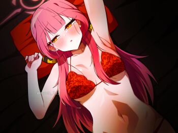 1girl absurdres armpits aru_(blue_archive) aru_(dress)_(blue_archive) blue_archive blush bra breasts halo highres horns large_breasts long_hair lying manli navel on_back on_bed orange_eyes pillow pink_hair pink_halo red_bra solo underwear