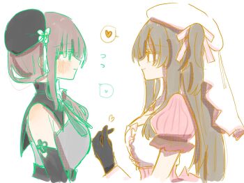 2girls arm_at_side assault_lily beret black_gloves black_hair blush breasts brown_hair closed_mouth commentary cropped_torso dress eye_contact finger_heart flying_sweatdrops frilled_thighhighs frills from_side gloves green_eyes grey_dress grey_ribbon hair_between_eyes hair_over_shoulder hand_up hat hat_ribbon heart highres kuo_shenlin long_hair looking_at_another medium_breasts motion_lines multiple_girls neck_ribbon official_alternate_costume one_side_up pink_dress pink_ribbon profile puffy_short_sleeves puffy_sleeves ribbon rui_rui_rui0122 short_sleeves sidelocks simple_background sleeveless sleeveless_dress smile speech_bubble spoken_heart standing striped_clothes striped_dress thighhighs two-tone_dress two-tone_ribbon upper_body vertical-striped_clothes vertical-striped_dress wang_yujia white_background white_dress white_hat white_ribbon white_thighhighs wrist_cuffs yellow_eyes yuri