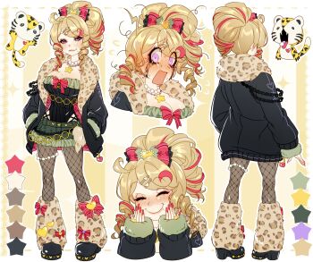 :o absurdres blonde_hair blush breasts brown_pantyhose cat commentary crying disheveled eyeshadow fishnet_pantyhose fishnets gyaru hair_ornament heart heart_hair_ornament heartsync highres jewelry leopard lifelines(siena_olena) makeup medicine miumiumisha mole mole_on_breast mole_under_mouth multicolored_hair necklace open_mouth pantyhose pearl_anklet pearl_necklace pink_eyeshadow pink_hair pink_nails purple_eyes runny_makeup siena_olena smile star_pendant streaked_hair virtual_youtuber