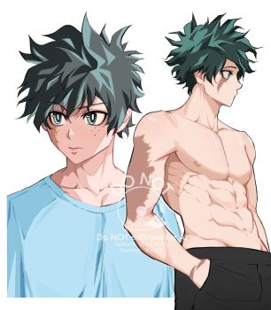 1boy aqua_eyes black_shorts blue_shirt bluesky_username boku_no_hero_academia closed_mouth collarbone cowboy_shot facial_scar freckles green_hair hair_between_eyes hand_in_pocket highres male_focus midoriya_izuku multiple_views muscular muscular_male scar scar_across_eye scar_on_arm scar_on_cheek scar_on_face scar_on_hand shirt short_hair shorts solo topless_male twitter_username viii_00908 white_background