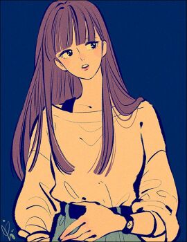 1girl belt black_hair blunt_bangs blush brown_hair long_hair looking_to_the_side noaki original shirt signature upper_body watch white_shirt wristwatch