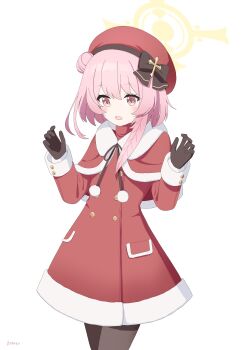 1girl :o absurdres artist_name beret black_bow black_gloves black_pantyhose blue_archive blush bow capelet coat commentary cowboy_shot cross_hat_ornament curled_fingers feather_hair fur-trimmed_capelet fur-trimmed_coat fur_trim gloves hair_bow hair_bun halo hands_up hat highres kotayo legs_together looking_down medium_hair official_alternate_costume open_mouth pantyhose pink_eyes pink_hair red_capelet red_coat red_hat santa_costume serina_(blue_archive) serina_(christmas)_(blue_archive) simple_background single_hair_bun solo standing white_background yellow_halo