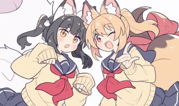 2girls ;d animal_ear_fluff animal_ears black_hair blonde_hair blue_sailor_collar blue_skirt blunt_bangs blush bow cardigan commentary commentary_request cowboy_shot dot_nose fox_ears fox_girl fox_tail hair_between_eyes hand_up long_hair long_sleeves looking_at_viewer multiple_girls neckerchief one_eye_closed open_mouth original pleated_skirt ponytail red_bow red_eyes red_neckerchief sailor_collar school_uniform serafuku simple_background skirt sleeves_past_wrists smile suzuno_(suzuno3110) symbol-only_commentary tail tail_bow tail_ornament thick_eyebrows twintails white_background yellow_cardigan yellow_eyes