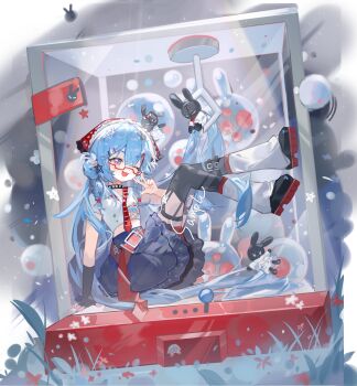 Rule 34 | 1girl, absurdres, balloon, belt, belt buckle, blue eyes, blue hair, braid, buckle, collar, crane game, dot nose, fang, fingerless gloves, full body, glasses, gloves, hair between eyes, hair ornament, highres, layered skirt, leg warmers, liu letian, long hair, looking at viewer, one eye closed, open mouth, original, pointy ears, red belt, semi-rimless eyewear, shirt, shoes, sidelocks, single glove, skirt, solo, thighhighs, tongue, white leg warmers