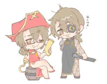 Rule 34 | 2boys, :3, absurdres, alternate costume, amputee, arm tattoo, bandaged arm, bandages, bare arms, bare shoulders, barrel, beard stubble, black-framed eyewear, black-framed glasses, black shoes, body markings, brown eyes, brown hair, chibi, china dress, chinese clothes, cleavage cutout, clothing cutout, crossdressing, crossdressing (mtf), crossed legs, dress, dual persona, eyepatch, facial hair, flats, formal clothes, from side, full-body tattoo, full body, glasses, gold trim, gold weapon, gregor (project moon), gun, hair between eyes, half-closed eyes, hat, highres, hip tattoo, holding, holding gun, holding sword, holding weapon, hook, hook hand, joints, kurokumo clan (identity) (project moon), leg tattoo, lily26983455, limbus company, long hair, looking at viewer, looking down, looking to the side, low ponytail, male focus, mandarin collar, mechanical arms, multiple boys, neck tattoo, nervous smile, official alternate costume, on barrel, one-eyed, one eye closed, one eye covered, open mouth, parted bangs, parted lips, pelvic curtain, pirate costume, pirate hat, ponytail, project moon, prosthesis, prosthetic arm, red dress, red hat, red shoes, scabbard, semi-rimless eyewear, sheath, sheathed, shoes, side slit, simple background, single mechanical arm, sitting, sleeveless, sleeveless dress, smile, standing, stubble, sweat, sweatdrop, sword, tattoo, tattoo on neck, tattoo on shoulder, twinhook pirates (identity) (project moon), under-rim eyewear, weapon, white background