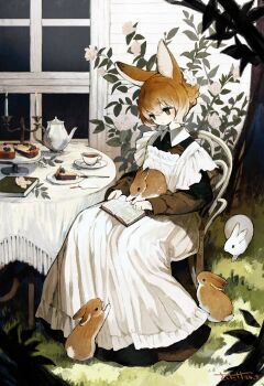 1girl animal animal_ears animal_on_lap apron black_dress black_eyes book book_on_lap braid braided_bun brown_hair cake cake_slice closed_mouth commentary_request dress flower food hair_bun highres long_sleeves maid maid_headdress multicolored_hair on_lap original outdoors puffy_sleeves rabbit rabbit_ears rabbit_girl reading rose rose_bush sakutake_(ue3sayu) signature sitting solo table two-tone_hair white_apron white_flower white_rose