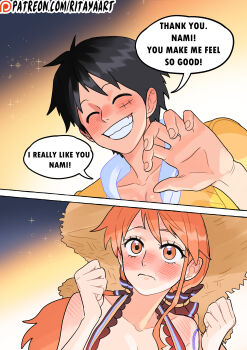 1boy 1girl bare_shoulders black_hair blush blush_stickers closed_eyes closed_mouth collarbone commentary earrings english_commentary english_text facing_another gradient_background grin hair_ornament hair_scrunchie hat hetero highres hood hood_down hoodie jewelry long_hair looking_at_another low_twintails monkey_d._luffy nami_(one_piece) night one_piece open_clothes open_hoodie orange_eyes orange_hair patreon_username pearl_earrings red_scrunchie rita_ya scrunchie shoulder_tattoo single_sidelock smile sparkle speech_bubble straw_hat tattoo twintails upper_body wavy_hair yellow_hoodie