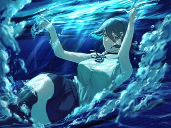 1girl air_bubble arm_up black_choker black_ribbon black_shorts black_thighhighs blue_hair breasts bubble chainsaw_man choker closed_mouth green_eyes hair_between_eyes large_breasts neck_ribbon reze_(chainsaw_man) ribbon sally_wu_14473 shirt shirt_tucked_in shorts smile solo submerged thighhighs underwater white_shirt
