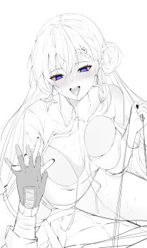 1boy 1girl absurdres blue_eyes blush bra braid braided_bangs breasts can earrings fingernails girl_on_top gloves hair_ornament hand_up highres holding holding_hands jewelry large_breasts lastfor lineart long_hair lynae_(wuthering_waves) male_rover_(wuthering_waves) monochrome navel necklace open_mouth panties rover_(wuthering_waves) saliva saliva_trail shirt sitting skull_hair_ornament spot_color star_(symbol) star_earrings sweat thigh_strap thighs underwear unworn_clothes wuthering_waves