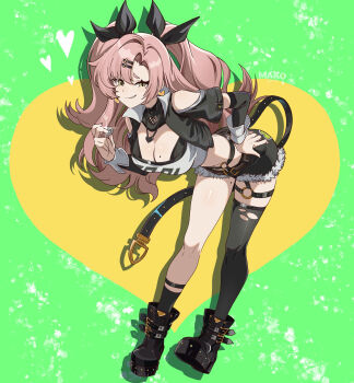 1girl absurdres bent_over black_boots black_ribbon boots breasts cleavage clothing_cutout coin crop_top cutoffs earrings green_eyes grin hair_ornament hair_ribbon hairclip heart heart_earrings heart_necklace highres jewelry kurimako large_breasts long_hair looking_at_viewer micro_shorts mole mole_on_breast mole_on_thigh mole_under_eye necklace nicole_demara pink_hair ribbon shorts shoulder_cutout single_thighhigh smile strapless thighhighs torn_clothes torn_thighhighs tube_top two_side_up white_tube_top zenless_zone_zero