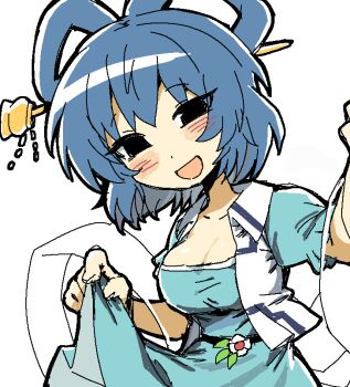 1girl bare_arms belt black_belt black_eyes blue_dress blue_hair blush_stickers bow-shaped_hair breasts chinese_hairpin cleavage collarbone collared_vest commentary cowboy_shot dot_nose dress english_commentary eyelashes eyes_visible_through_hair flower frilled_sleeves frills hagoromo hair_rings happy head_tilt kaku_seiga kokum0tsu large_breasts open_clothes open_mouth open_vest outstretched_hand puffy_short_sleeves puffy_sleeves shawl short_hair short_sleeves simple_background skirt_hold smile solo standing touhou veil vest white_background white_flower white_veil