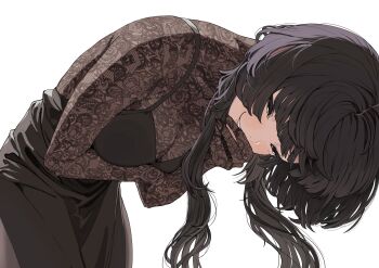 1girl absurdres ariadani_oriko bent_over black_dress black_eyes black_hair blunt_bangs commentary_request double_v dress from_behind from_below high_heels highres koiso_usu lace medium_hair mole mole_under_mouth original pantyhose simple_background smile solo v white_background