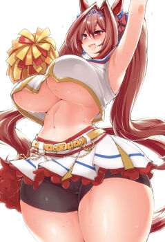belt bike_shorts blush breasts cameltoe cheerleader curvy daiwa_scarlet_(umamusume) dancing demekyon doyagao grin hair_ornament huge_breasts long_hair miniskirt pom_pom_(cheerleading) red_eyes red_hair ribbon skirt smile smug sweat tiara twintails umamusume underboob very_long_hair wide_hips