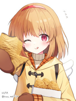 Rule 34 | 1girl, ;q, artist name, bag, blurry, blush, brown hair, brown mittens, closed mouth, coat, commentary, depth of field, flying sweatdrops, food, hairband, haruchimo, highres, holding, holding food, hood, hood down, hooded coat, kanon, looking at viewer, medium hair, mittens, one eye closed, paid reward available, paper bag, red eyes, red hairband, revision, ribbed sweater, simple background, smile, solo, sweater, taiyaki, tareme, tehepero, tongue, tongue out, tsukimiya ayu, turtleneck, turtleneck sweater, twitter username, upper body, wagashi, white background, white sweater, winged bag, winter clothes, yellow coat