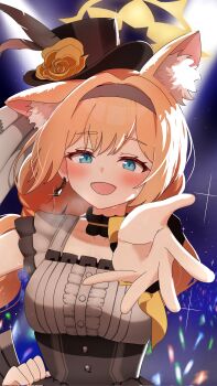 1girl :d animal_ear_fluff animal_ears backlighting black_dress black_hat blue_archive blue_eyes blush cat_ears cat_girl center_frills choker commentary_request dancing dress earrings extra_ears flower frilled_choker frilled_dress frills glint glowstick grey_dress hair_between_eyes halo hand_on_own_hip happy hat hat_feather hat_flower highres idol idol_clothes jewelry long_hair looking_at_viewer low_twintails mari_(blue_archive) mari_(idol)_(blue_archive) official_alternate_costume official_alternate_hairstyle open_mouth orange_flower orange_hair orange_rose outstretched_hand reaching reaching_towards_viewer rose smile solo spotlight sweat top_hat toughman twintails two-tone_dress upper_body yellow_halo