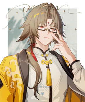 1boy adjusting_eyewear border brown_hair chinese_clothes closed_mouth commentary_request commission droopy_ears facial_mark forehead_mark glasses grey_background hair_ribbon hand_up jacket light_smile long_hair looking_at_viewer male_focus open_clothes orsat parted_bangs red_eyes red_ribbon ribbon solo tassel upper_body white_border ye_shiyuan yellow_jacket zenless_zone_zero
