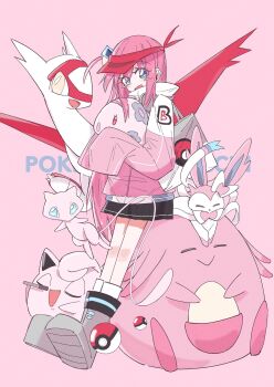 1girl bike_shorts blue_eyes blush_stickers bocchi_the_rock! chansey closed_eyes crossover gen_1_pokemon gen_3_pokemon gen_5_pokemon gen_6_pokemon gotoh_hitori highres jigglypuff latias legendary_pokemon long_hair lyjun2002 mew_(pokemon) munna mythical_pokemon nintendo pink_background poke_ball pokemon pokemon_(creature) shorts smile standing sylveon