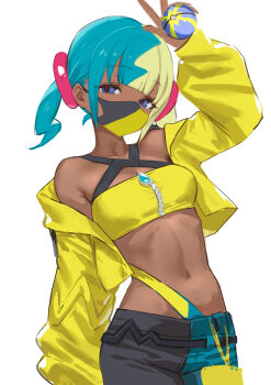 1girl adelie_cat aqua_hair arm_up armpit_crease blonde_hair blue_eyes breasts canari_(pokemon) cowboy_shot crop_top cropped_jacket dark-skinned_female dark_skin highres holding holding_poke_ball jacket looking_at_viewer mask mouth_mask multicolored_hair nintendo pants poke_ball pokemon pokemon_legends:_z-a short_twintails simple_background solo split-color_hair twintails two-tone_hair w white_background yellow_jacket