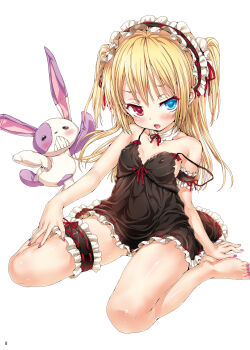 1girl absurdres blonde_hair blue_eyes blush boku_wa_tomodachi_ga_sukunai breasts covered_erect_nipples gothic_lolita hairband hasegawa_kobato heterochromia highres hisasi loli lolita_fashion lolita_hairband long_hair looking_at_viewer nail_polish open_mouth pink_nails red_eyes shiny_skin sitting small_breasts solo stuffed_animal stuffed_rabbit stuffed_toy toenail_polish toenails toes two_side_up white_background