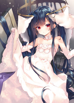 Rule 34 | 1girl, arikawa satoru, bare shoulders, black hair, commentary request, detached sleeves, dress, expressionless, flat chest, flower knight girl, headgear, highres, long hair, looking at viewer, red eyes, solo, torikabuto (flower knight girl), twintails, veil, very long hair, wedding dress