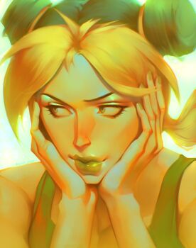 1girl blonde_hair cone_hair_bun double_bun green_hair green_lips green_nails green_tank_top hair_bun hands_on_own_cheeks hands_on_own_face hashtag-only_commentary head_rest highres jojo_no_kimyou_na_bouken kuujou_jolyne looking_to_the_side makeup multicolored_hair portrait prof_pega solo stone_ocean tank_top two-tone_hair yellow_theme