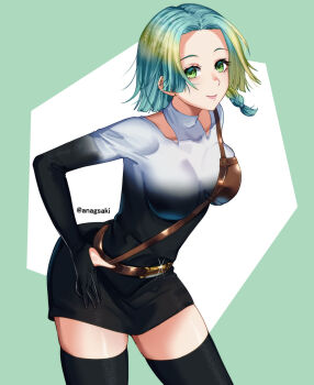 1girl aona_(anagasaki) aqua_hair belt black_thighhighs blonde_hair blush braid braided_sidelock breasts brown_belt closed_mouth collarbone contrapposto dual_persona genderswap genderswap_(otf) glint gloves gnosia gold_buckle gradient_hair green_background green_eyes highres lips looking_at_viewer mars_symbol medium_breasts medium_hair multicolored_hair partially_fingerless_gloves smile solo thighhighs turtleneck twitter_username two-tone_hair venus_symbol white_background yuri_(gnosia)