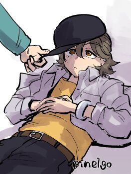 Rule 34 | 1boy, baseball cap, belt, black pants, brown eyes, brown hair, earrings, hair between eyes, half updo, hand on own stomach, hat, jacket, jewelry, kazuma (precure), kimi to idol precure, long sleeves, looking up, lying, mature male, multiple earrings, pants, parted bangs, pineapple 1-gou, precure, shirt, solo, solo focus, twitter username, white background, white jacket, wrist cuffs, yellow shirt