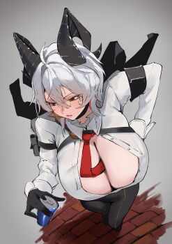 1girl absurdres black_horns blush breasts can chest_harness choker cleavage collared_shirt commentary_request drink_can grey_hair harness highres horns large_breasts long_sleeves necktie pants red_eyes s4ika shirt solo white_shirt wuthering_waves zani_(wuthering_waves)