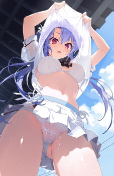 1girl absurdres ascot black_ascot blue_sky bra breasts cameltoe clothes_lift day from_below hair_bun haku89 highres key_(company) large_breasts long_hair navel open_bra panties pleated_skirt purple_hair school_uniform serafuku shirt_lift single_hair_bun skirt sky solo sorakado_ao stomach summer_pockets summer_pockets_school_uniform underwear wet wet_clothes wet_panties white_bra white_panties white_serafuku white_skirt