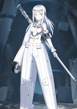1girl asymmetrical_sleeves blue_eyes breasts breasts_apart chisel circlet cleavage_cutout closed_mouth clothing_cutout colored_eyelashes crop_top detached_sleeves dot_mouth expressionless fate/grand_order fate_(series) feet_out_of_frame galatea_(fate) game_cg gloves halterneck holding holding_behind_back holding_chisel holding_weapon legs_apart long_hair long_sidelocks long_sleeves looking_to_the_side medium_breasts navel official_art oversized_object pale_skin pants parted_bangs shimada_fumikane shirt sidelocks single_bare_shoulder solo standing third-party_source turtleneck underboob variant_set weapon white_eyelashes white_gloves white_hair white_pants white_shirt