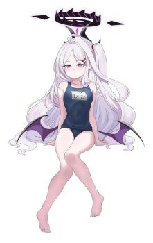 1girl ahoge black_halo blue_archive blush demon_girl demon_horns demon_wings halo highres hina_(blue_archive) hina_(swimsuit)_(blue_archive) horns loli long_hair looking_at_viewer low_wings old_school_swimsuit purple_eyes school_swimsuit simple_background sitting solo swimsuit user_yuct4558 very_long_hair white_background white_hair wings