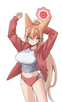 1girl alternate_costume animal_ears arms_up blue_archive breasts brown_hair buruma crossed_bangs greentea2400 gym_shirt gym_shorts gym_uniform hair_between_eyes halo high_ponytail highres id_card jacket large_breasts long_hair midriff_peek navel open_clothes open_jacket orange_hair ponytail purple_eyes red_buruma red_jacket red_shorts rumi_(blue_archive) shirt short_shorts shorts smile solo t-shirt track_jacket very_long_hair white_background white_shirt