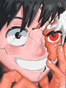 Rule 34 | 1boy, black eyes, black hair, broken mask, commentary, cracked kawaii mask, cracked mask, devil fruit power, facial scar, gear fifth, gocha rin, grin, hand on own face, highres, male focus, mask, monkey d. luffy, one piece, portrait, red eyes, scar, scar on cheek, scar on face, short hair, signature, smile, solo, symbol-only commentary, white hair, wide-eyed