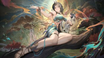 1girl anklet aqua_dress armlet black_hair bracelet breasts chinese_clothes closed_mouth commentary_request dress facial_mark forehead_mark hair_ornament hanying:_solacetune_(flying_apsara)_(pgr) hanying:_solacetune_(pgr) hanying_(pgr) highres holding holding_instrument instrument jewelry kulu_(ku-lu) looking_at_viewer medium_breasts official_art on_branch outdoors pipa_(instrument) punishing:_gray_raven sandals sitting sitting_on_branch solo thighlet yellow_eyes yokozuwari