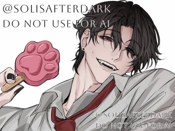 1boy black_eyes black_hair black_nails dress_shirt ear_piercing fangs food highres muscular muscular_male necktie original piercing popsicle red_necktie shirt solisafterdark white_shirt