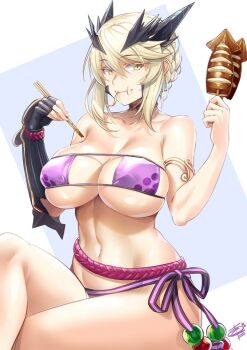 1girl arm_guards armlet artoria_pendragon_(fate) artoria_pendragon_(lancer_alter)_(fate) beads bikini black_gloves blonde_hair braid breasts choker chopsticks cleavage collarbone cosplay crossed_legs eating elbow_gloves eyelashes eyepatch_bikini fate/grand_order fate_(series) female_focus fingerless_gloves french_braid gloves hair_between_eyes highres horns jewelry large_breasts long_hair looking_at_viewer minamoto_no_raikou_(fate) minamoto_no_raikou_(fate/grand_order) minamoto_no_raikou_(swimsuit_lancer)_(fate) minamoto_no_raikou_(swimsuit_lancer)_(fate)_(cosplay) navel okitakung purple_bikini rope side-tie_bikini_bottom sidelocks simple_background single_glove skewer solo squid swimsuit thighs white_background yellow_eyes