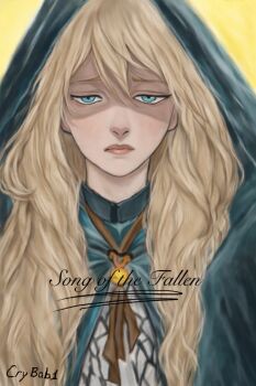 Rule 34 | 1girl, blonde hair, blue cloak, cassie (shadow slave), cloak, commentary, crybab1, english commentary, facing viewer, highres, hood, hood up, hooded cloak, light frown, long hair, looking at viewer, neck ribbon, partially shaded face, ribbon, shadow slave, solo, straight-on, upper body, wavy hair