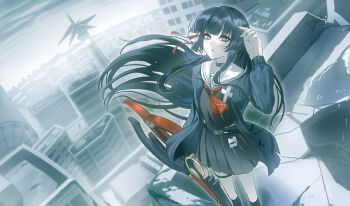 1girl absurdres black_choker black_hair black_jacket black_shirt black_skirt breasts chisa_(wuthering_waves) choker commentary_request hair_ribbon hand_up highres holding holding_sword holding_weapon jacket long_hair long_sleeves looking_at_viewer medium_breasts mimang_xiao_fa_shou mole mole_under_eye on_rooftop orange_eyes parted_lips red_ribbon ribbon sailor_collar shirt skirt solo sword weapon white_sailor_collar wind wuthering_waves