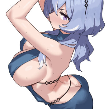 1girl absurdres ako_(blue_archive) ako_(dress)_(blue_archive) arched_back arms_up ass backless_dress backless_outfit bare_arms bare_shoulders blue_archive blue_dress blue_hair blush breasts butt_crack closed_mouth commentary covered_erect_nipples cowboy_shot dress evening_gown from_side hair_between_eyes hair_ornament hairclip halter_dress halterneck highres large_breasts long_hair looking_at_viewer looking_to_the_side neugneugsusu official_alternate_costume profile purple_eyes sideboob sideways_glance simple_background sleeveless sleeveless_dress solo standing sweat swimsuit v-shaped_eyebrows white_background